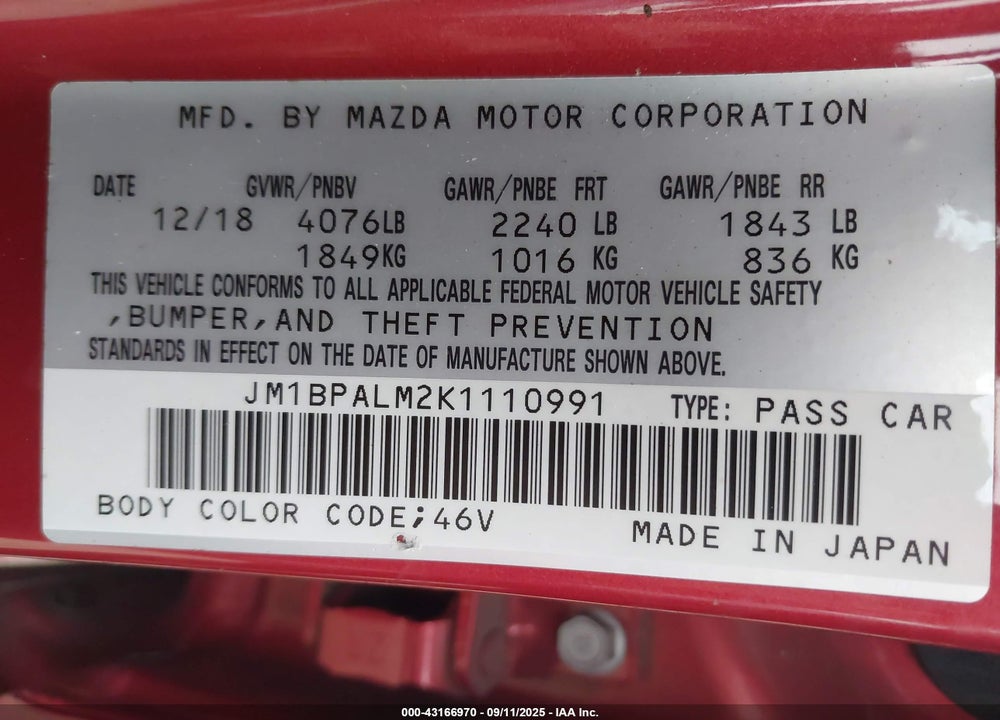 2019 MAZDA 3 VIN: JM1BPALM2K1110991