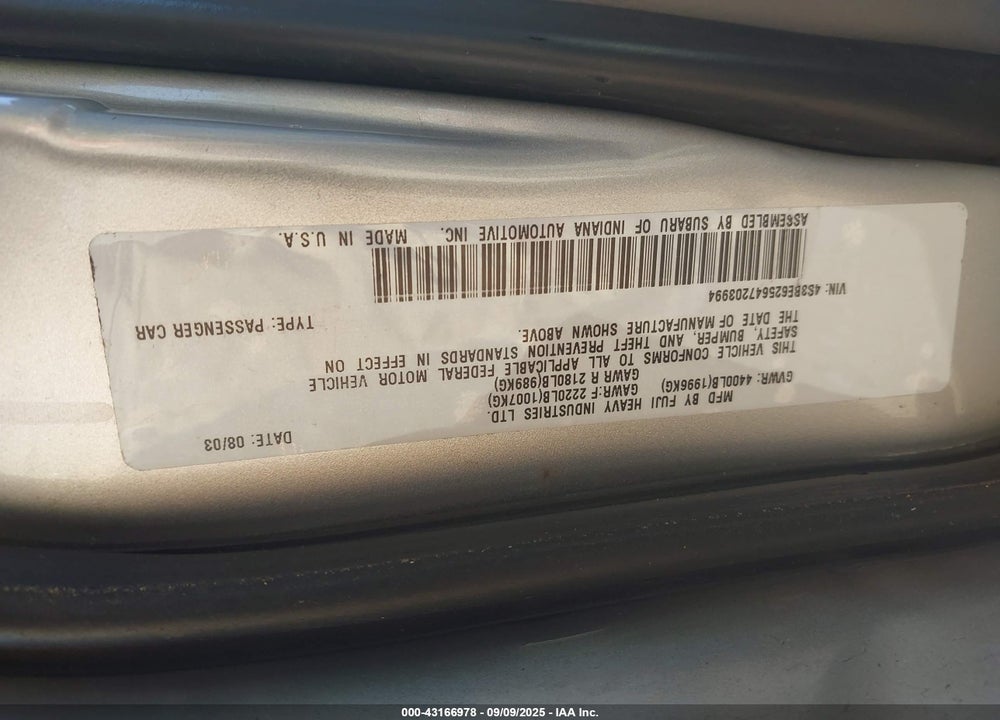 2004 SUBARU LEGACY L/L W/35TH ANNIVERSARY EDITION VIN: 4S3BE625647203994