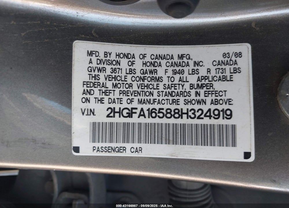 2008 HONDA CIVIC LX VIN: 2HGFA16588H324919