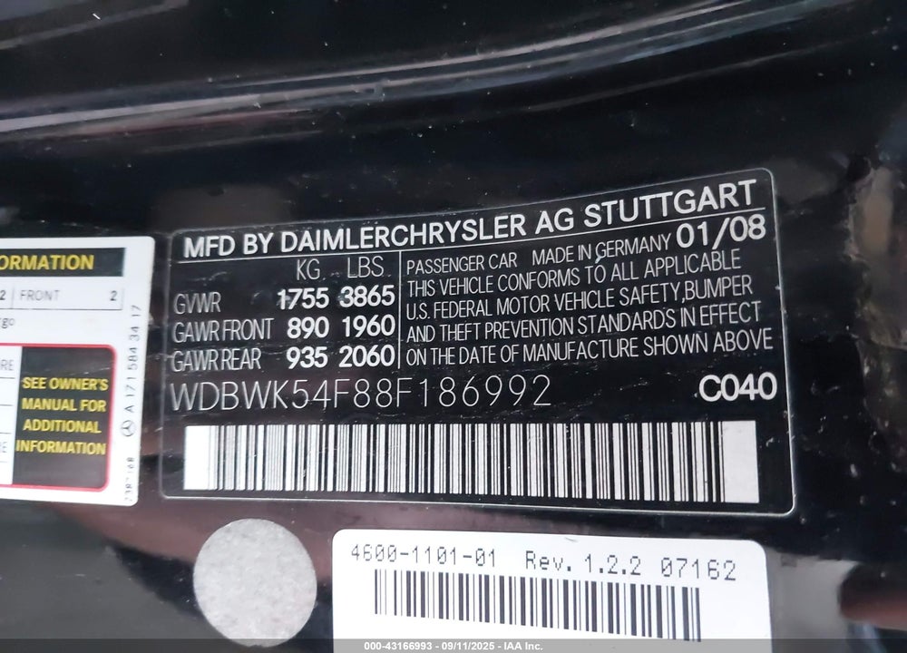 2008 MERCEDES-BENZ SLK 280 VIN: WDBWK54F88F186992