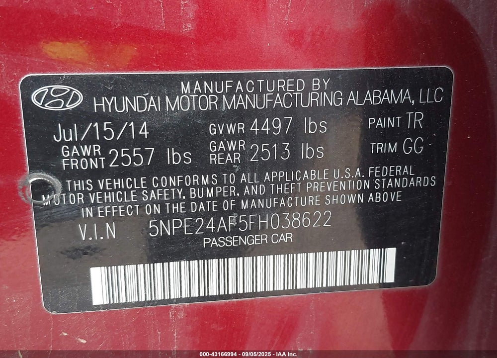 2015 HYUNDAI SONATA VIN: 5NPE24AF5FH038622