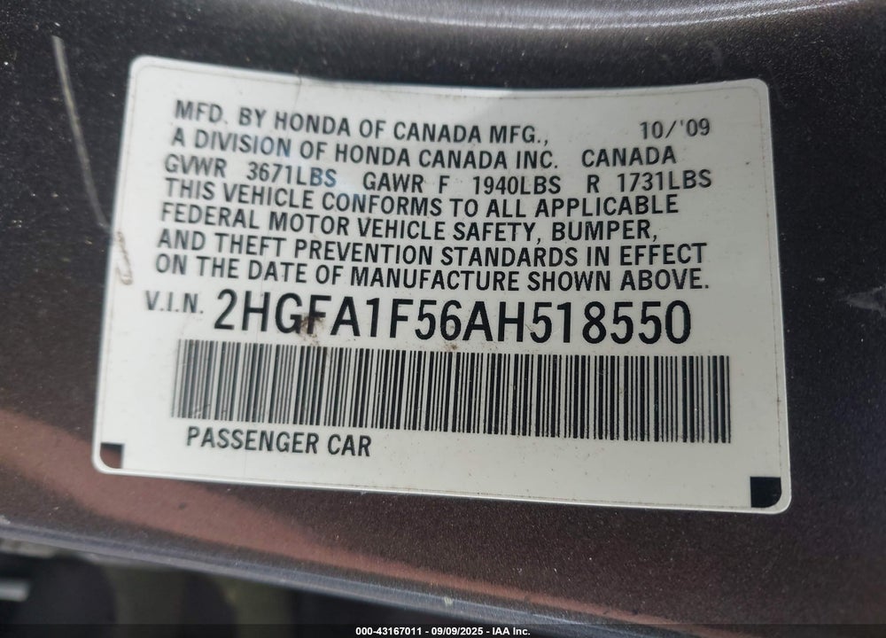 2010 HONDA CIVIC LX VIN: 2HGFA1F56AH518550