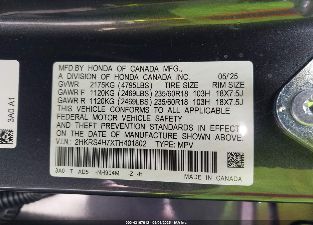 2026 HONDA CR-V EX-L AWD VIN: 2HKRS4H7XTH401802