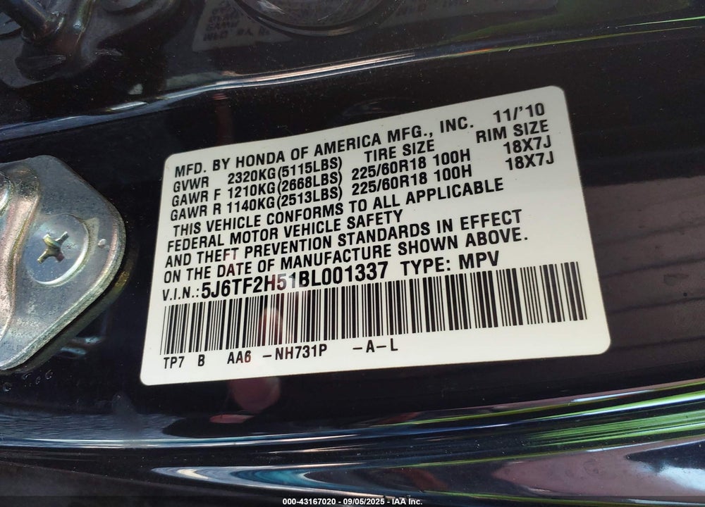 2011 HONDA ACCORD CROSSTOUR VIN: 5J6TF2H51BL001337