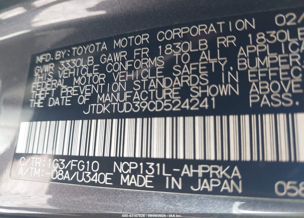 2012 TOYOTA YARIS VIN: JTDKTUD39CD524241