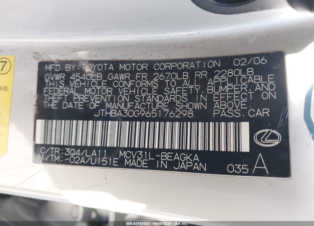 2006 LEXUS ES 330 VIN: JTHBA30G965176298