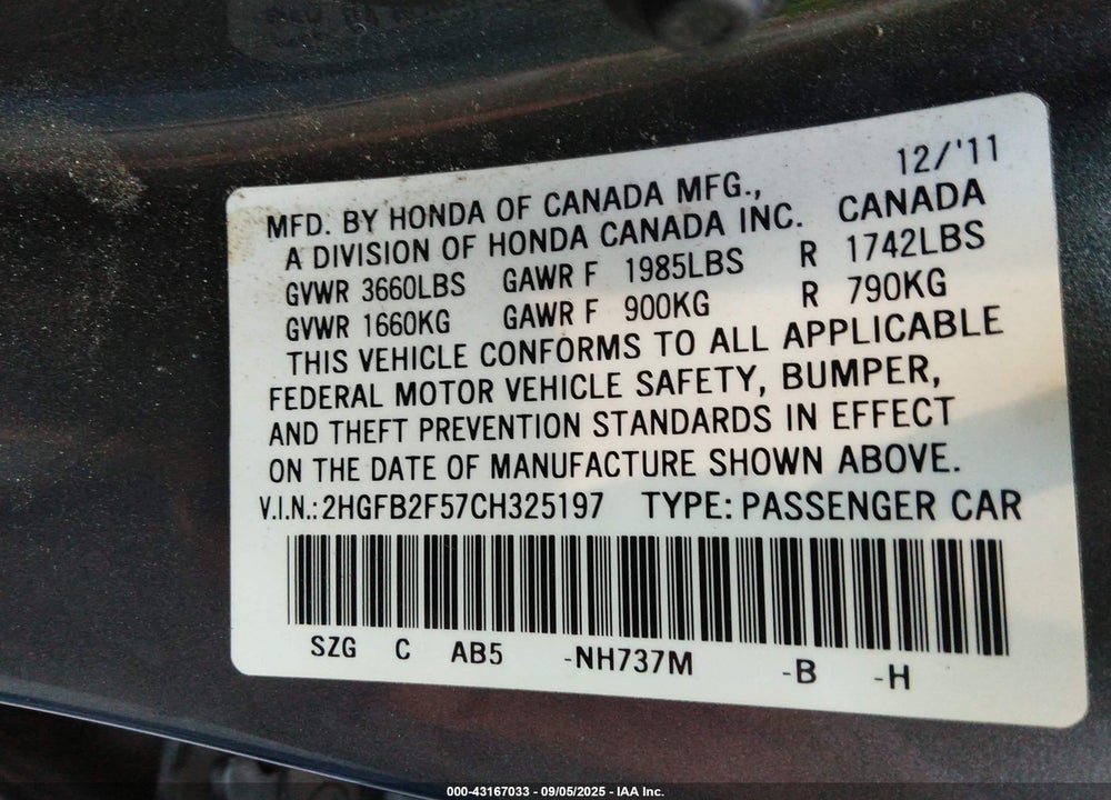 2012 HONDA CIVIC LX VIN: 2HGFB2F57CH325197