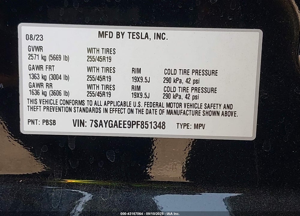 2023 TESLA MODEL Y VIN: 7SAYGAEE9PF851348
