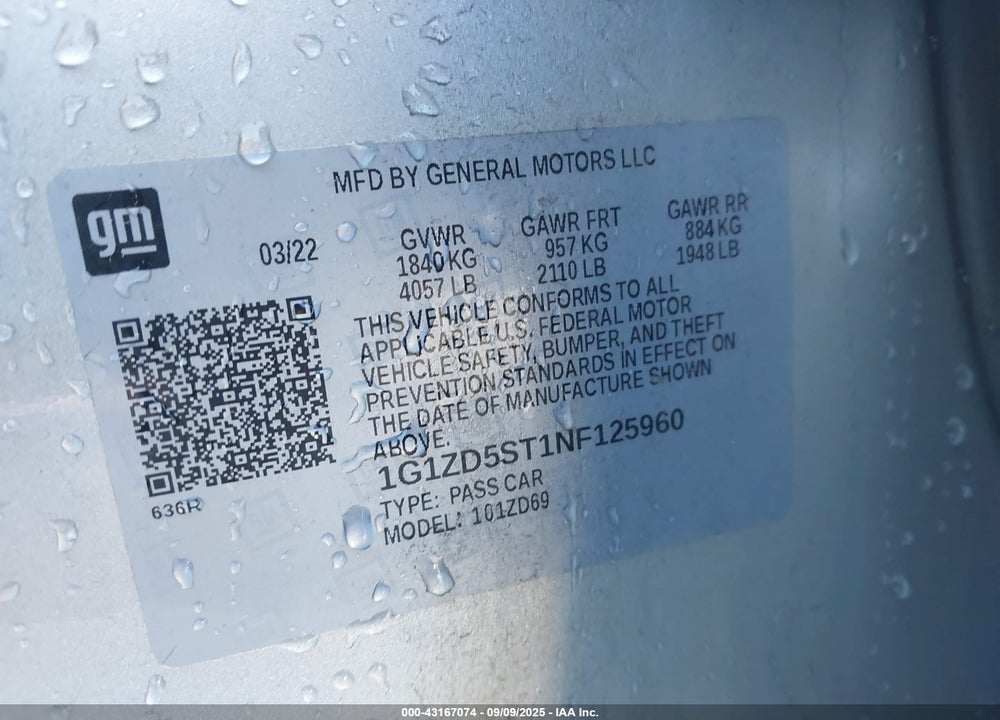 2022 CHEVROLET MALIBU VIN: 1G1ZD5ST1NF125960