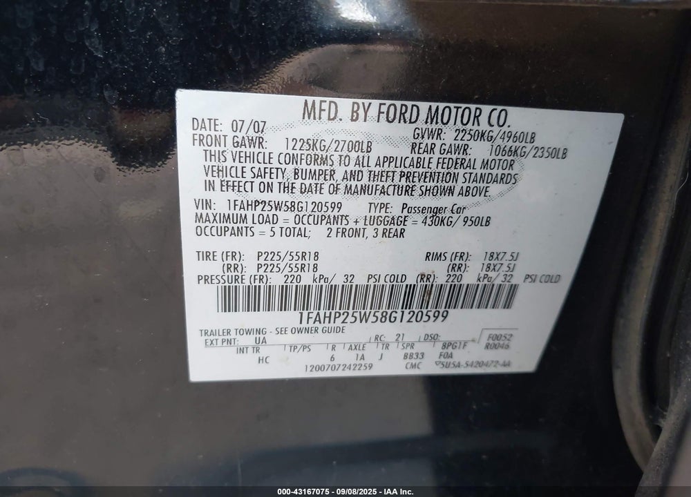 2008 FORD TAURUS LIMITED VIN: 1FAHP25W58G120599