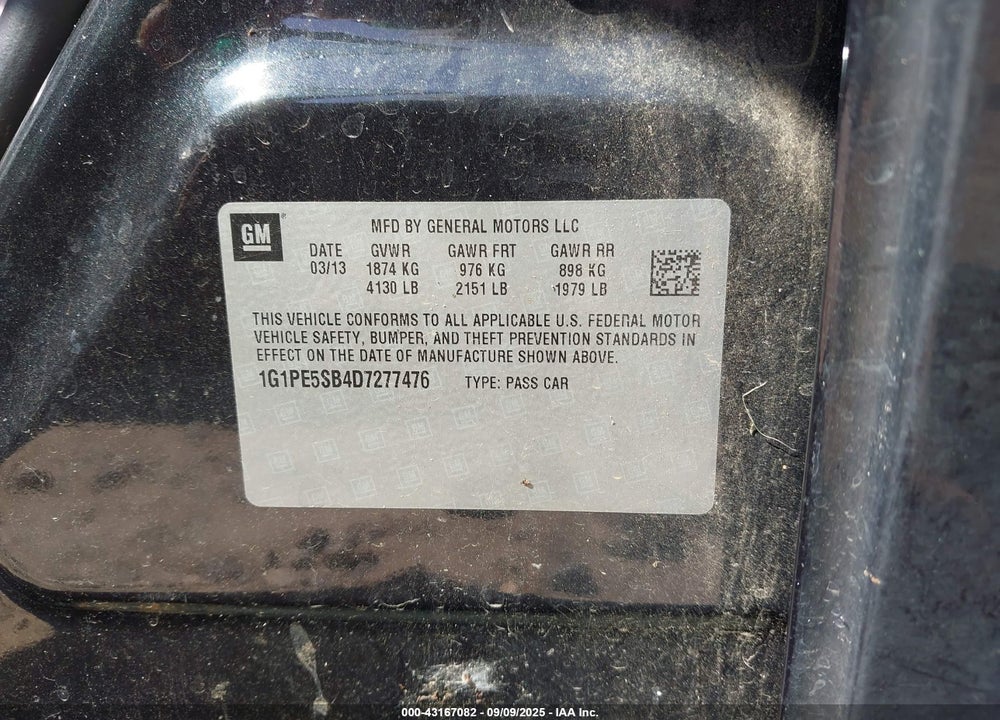 2013 CHEVROLET CRUZE VIN: 1G1PE5SB4D7277476