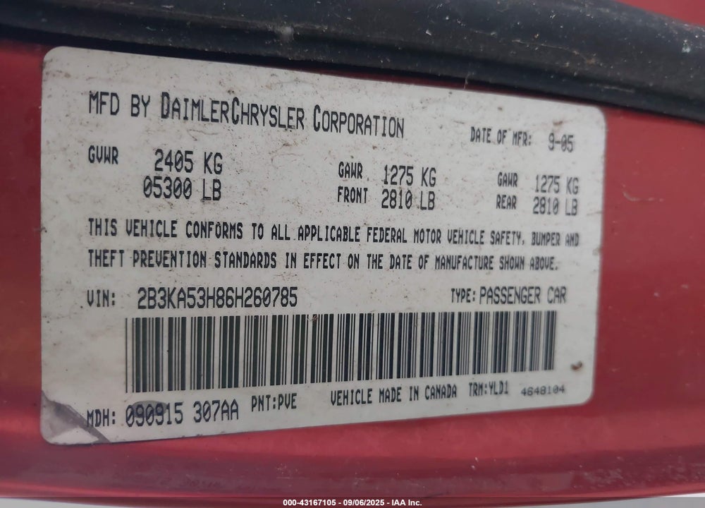 2006 DODGE CHARGER RT VIN: 2B3KA53H86H260785