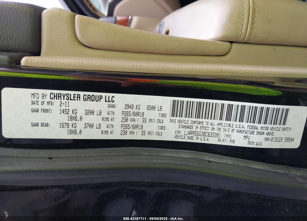 2011 JEEP GRAND CHEROKEE VIN: 1J4RR5GG3BC633391