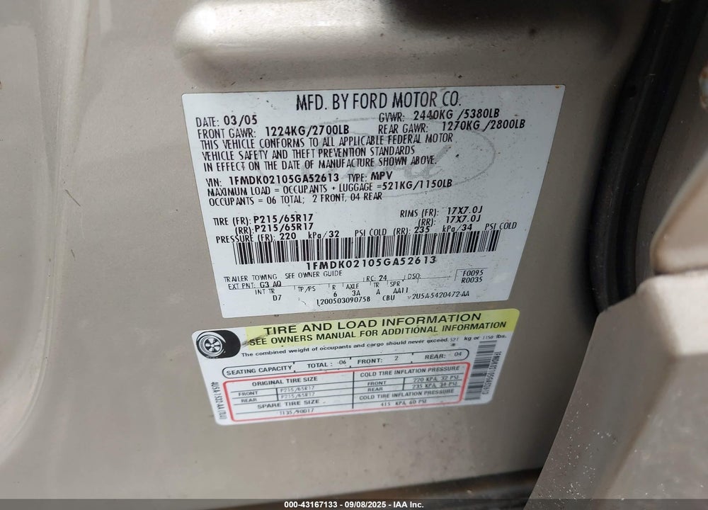 2005 FORD FREESTYLE SEL VIN: 1FMDK02105GA52613