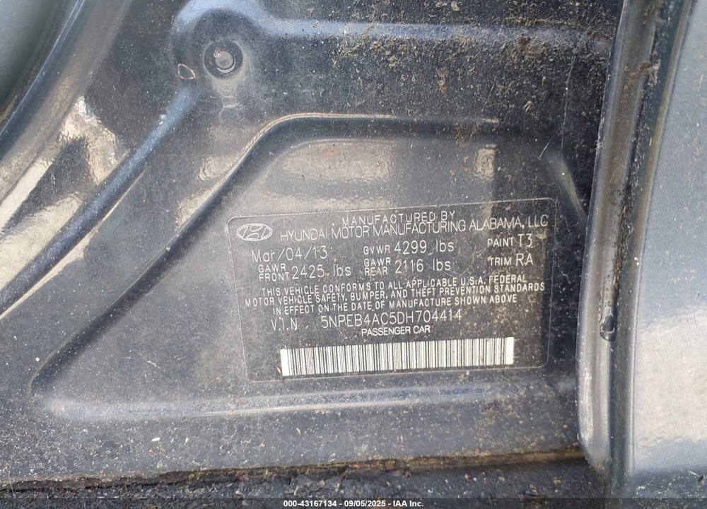 2013 HYUNDAI SONATA VIN: 5NPEB4AC5DH704414