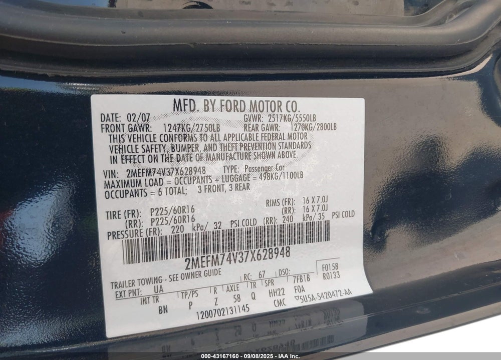 2007 MERCURY GRAND MARQUIS GS VIN: 2MEFM74V37X628948
