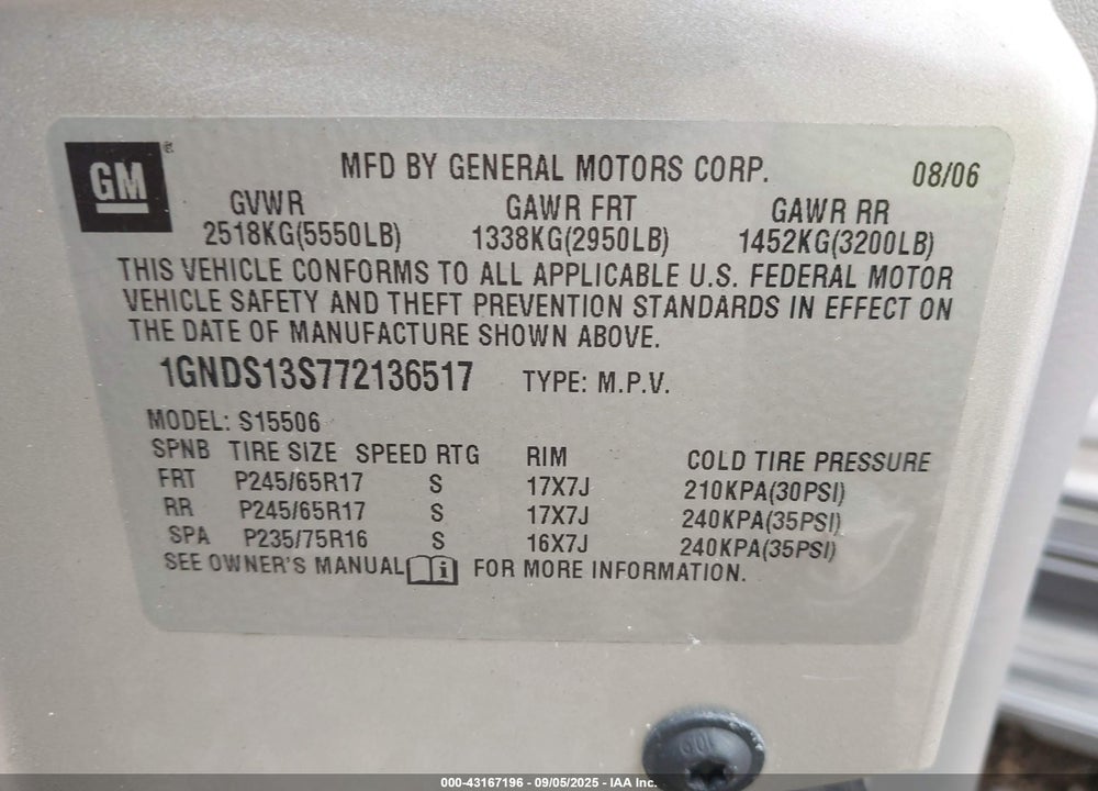 2007 CHEVROLET TRAILBLAZER LS VIN: 1GNDS13S772136517