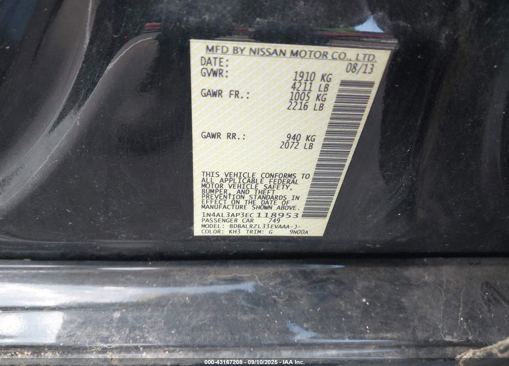 2014 NISSAN ALTIMA VIN: 1N4AL3AP3EC118953
