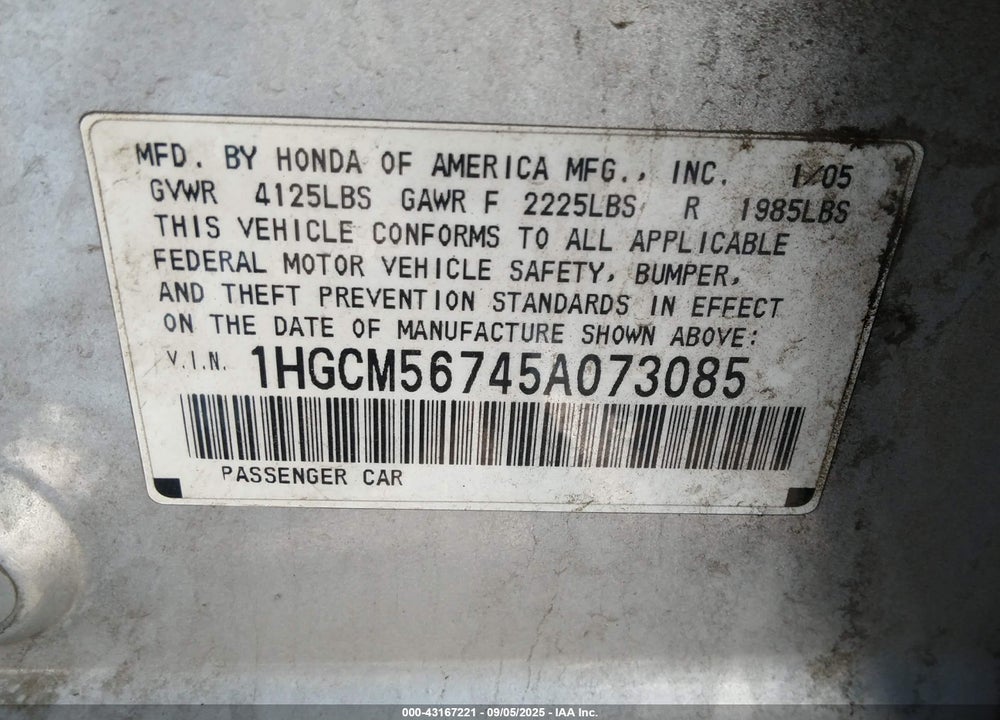 2005 HONDA ACCORD 2.4 EX VIN: 1HGCM56745A073085
