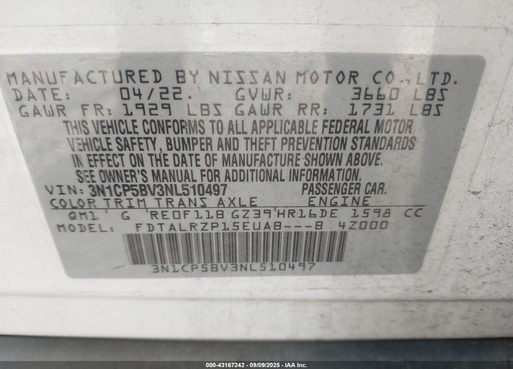 2022 NISSAN KICKS VIN: 3N1CP5BV3NL510497