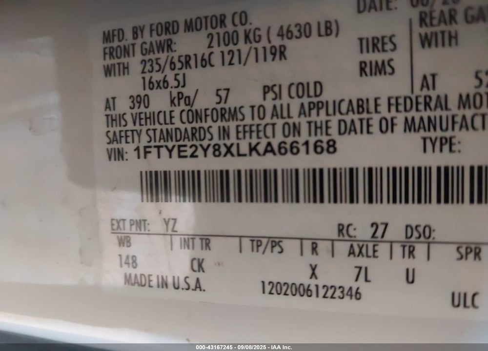 2020 FORD TRANSIT-150 VIN: 1FTYE2Y8XLKA66168