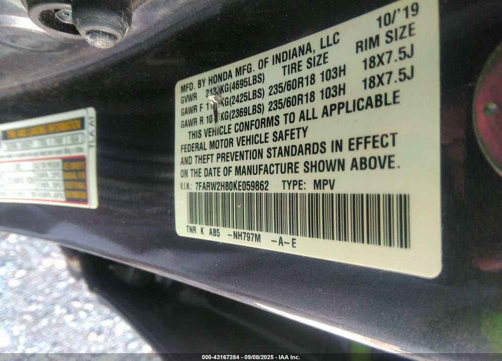 2019 HONDA CR-V VIN: 7FARW2H80KE059862