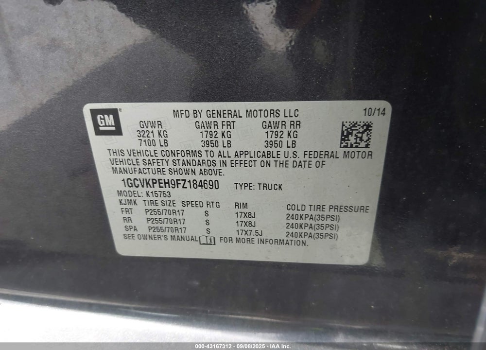 2015 CHEVROLET SILVERADO 1500 VIN: 1GCVKPEH9FZ184690