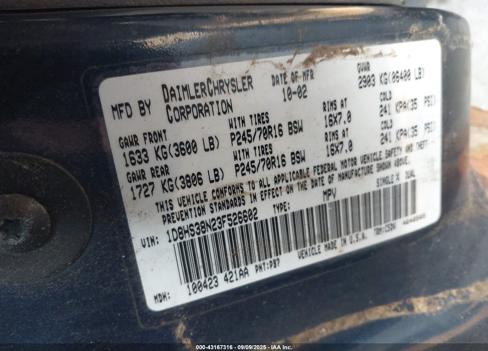 2003 DODGE DURANGO SPORT/SXT VIN: 1D8HS38N23F526602