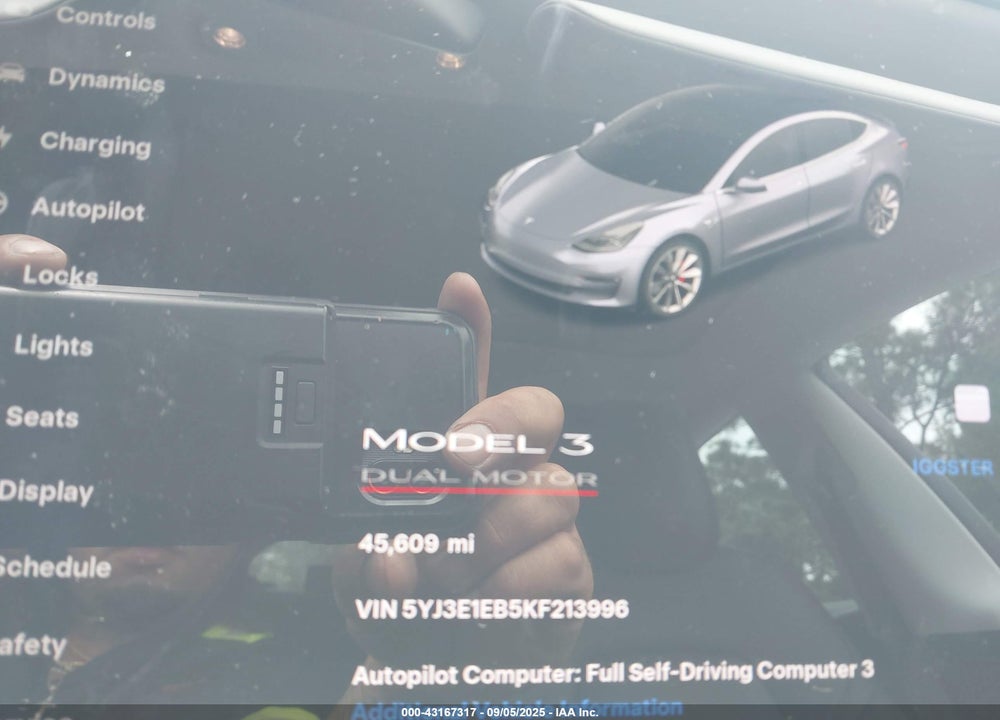 2019 TESLA MODEL 3 LONG RANGE/PERFORMANCE VIN: 5YJ3E1EB5KF213996