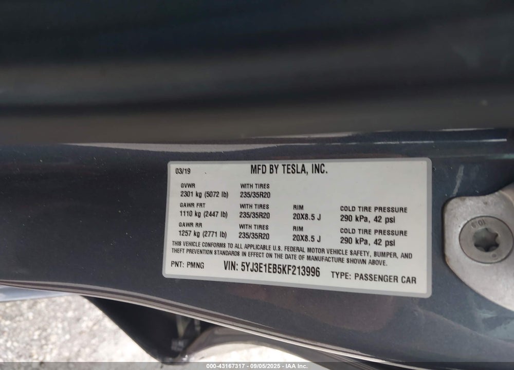 2019 TESLA MODEL 3 LONG RANGE/PERFORMANCE VIN: 5YJ3E1EB5KF213996