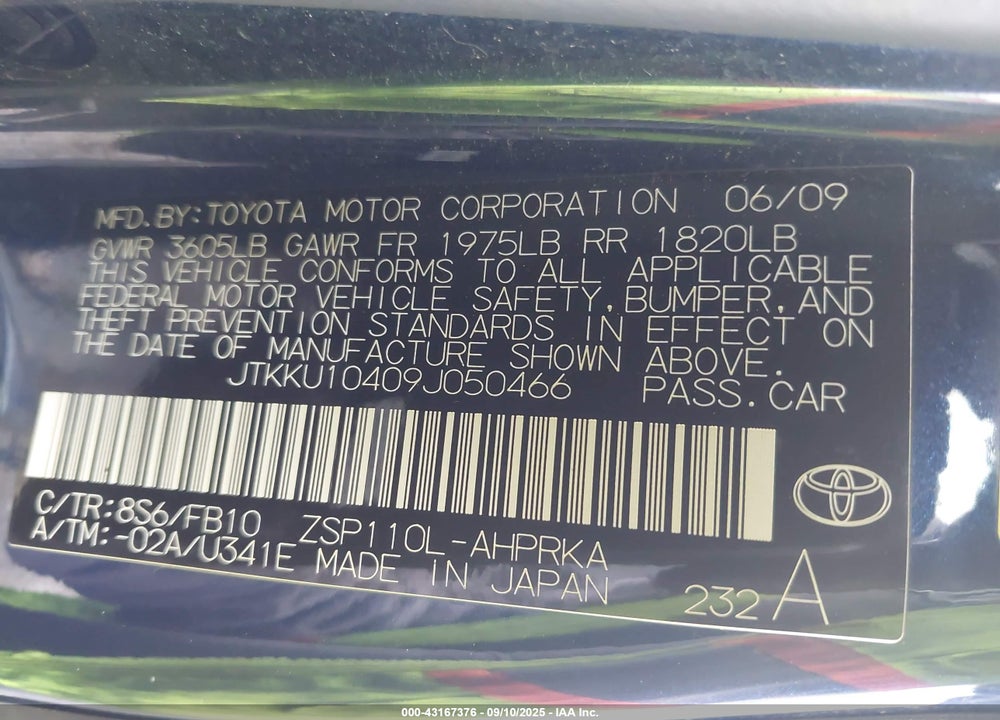 2009 SCION XD VIN: JTKKU10409J050466