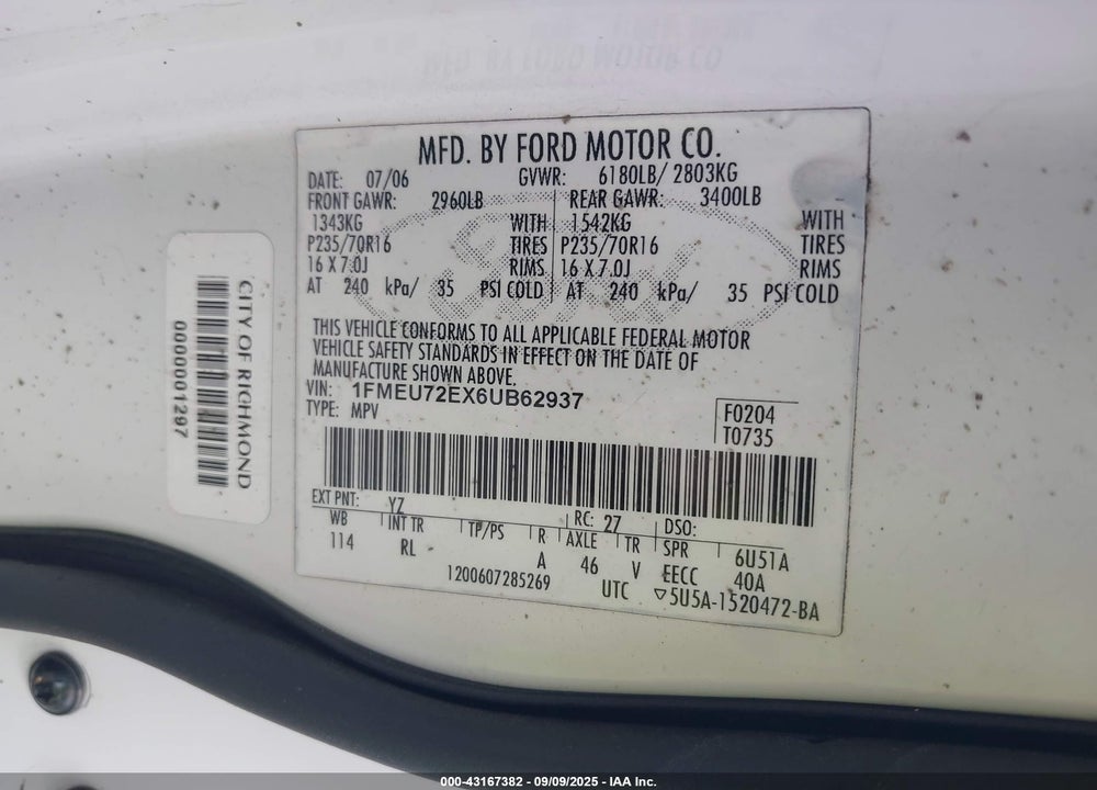 2006 FORD EXPLORER XLS VIN: 1FMEU72EX6UB62937