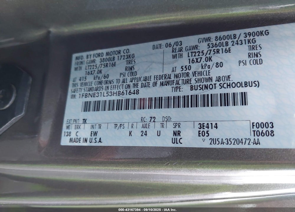2003 FORD E-350 SUPER DUTY CHATEAU/XL/XLT VIN: 1FBNE31L53HB61648
