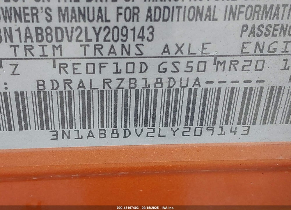 2020 NISSAN SENTRA VIN: 3N1AB8DV2LY209143