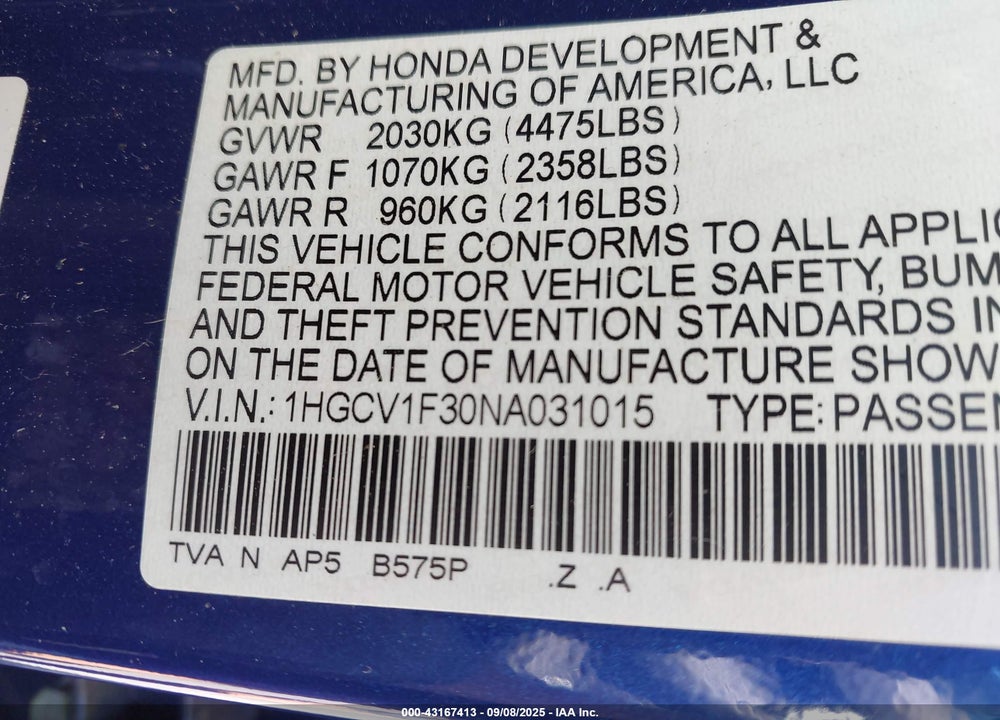 2022 HONDA ACCORD SPORT VIN: 1HGCV1F30NA031015