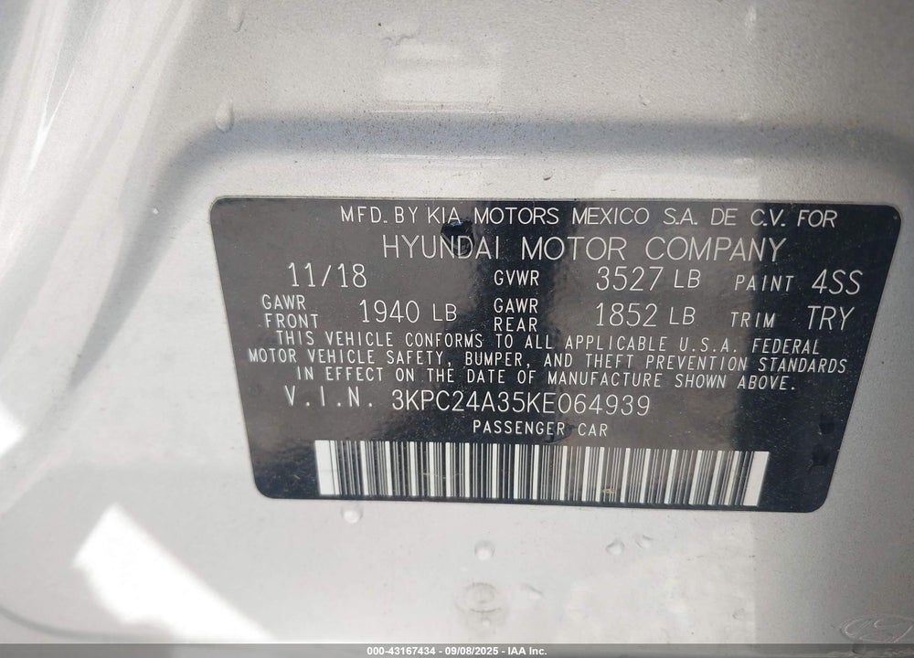 2019 HYUNDAI ACCENT VIN: 3KPC24A35KE064939
