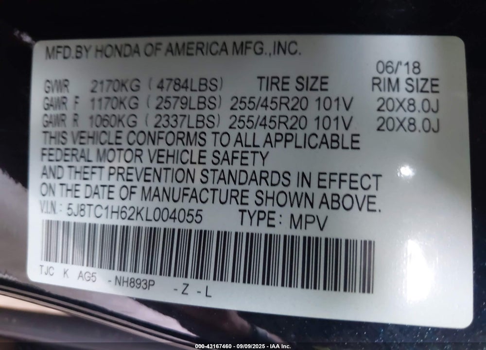 2019 ACURA RDX VIN: 5J8TC1H62KL004055