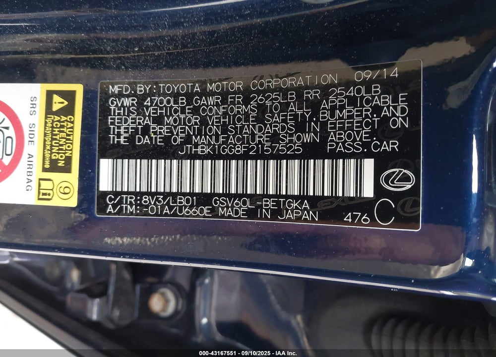 2015 LEXUS ES 350 VIN: JTHBK1GG8F2157525