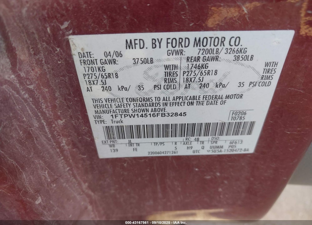 2006 FORD F-150 FX4/LARIAT/XLT VIN: 1FTPW14516FB32845