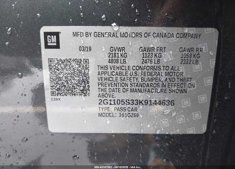 2019 CHEVROLET IMPALA PREMIER VIN: 2G1105S33K9144636
