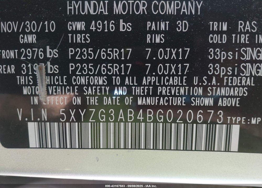 2011 HYUNDAI SANTA FE VIN: 5XYZG3AB4BG020673