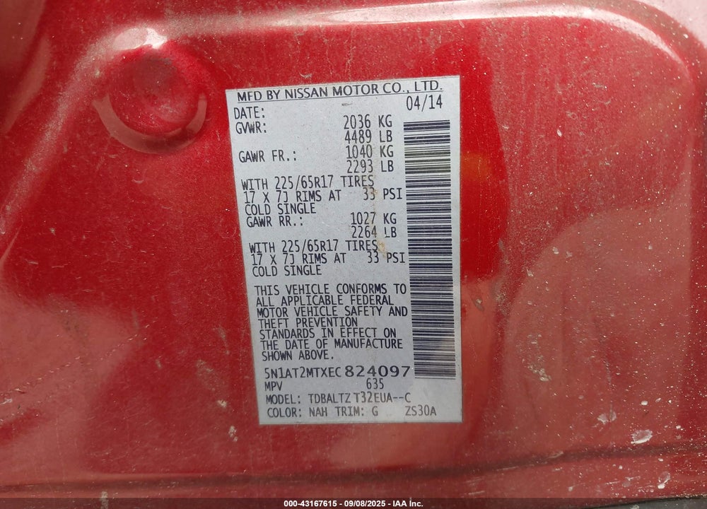 2014 NISSAN ROGUE VIN: 5N1AT2MTXEC824097