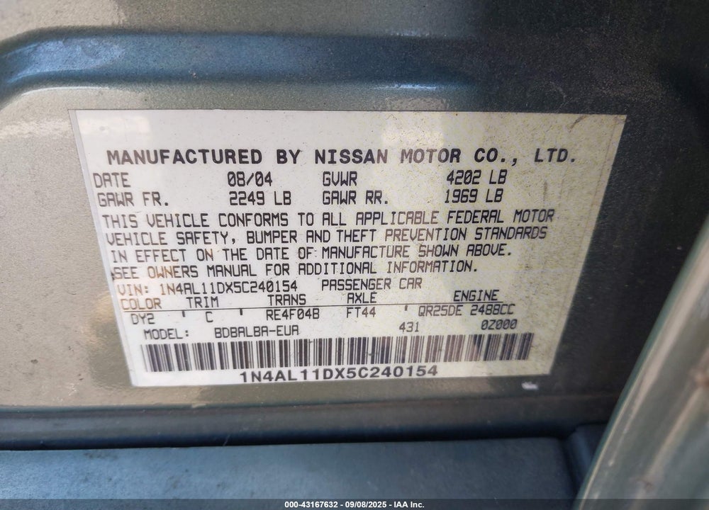 2005 NISSAN ALTIMA 2.5 S VIN: 1N4AL11DX5C240154