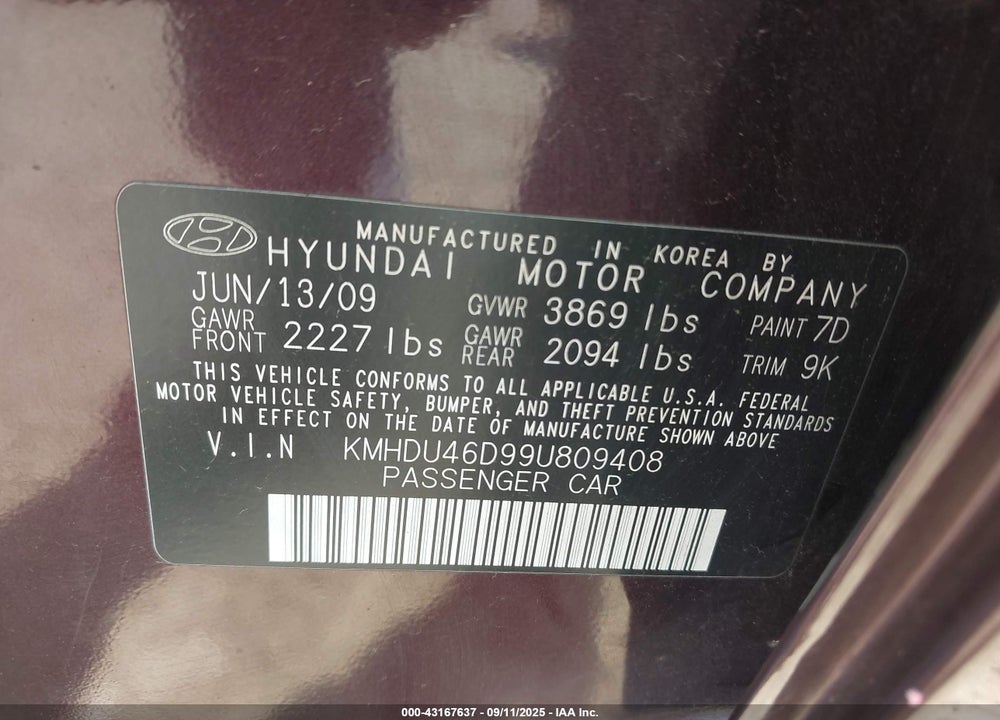 2009 HYUNDAI ELANTRA VIN: KMHDU46D99U809408