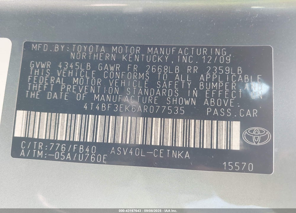 2010 TOYOTA CAMRY VIN: 4T4BF3EK6AR077535