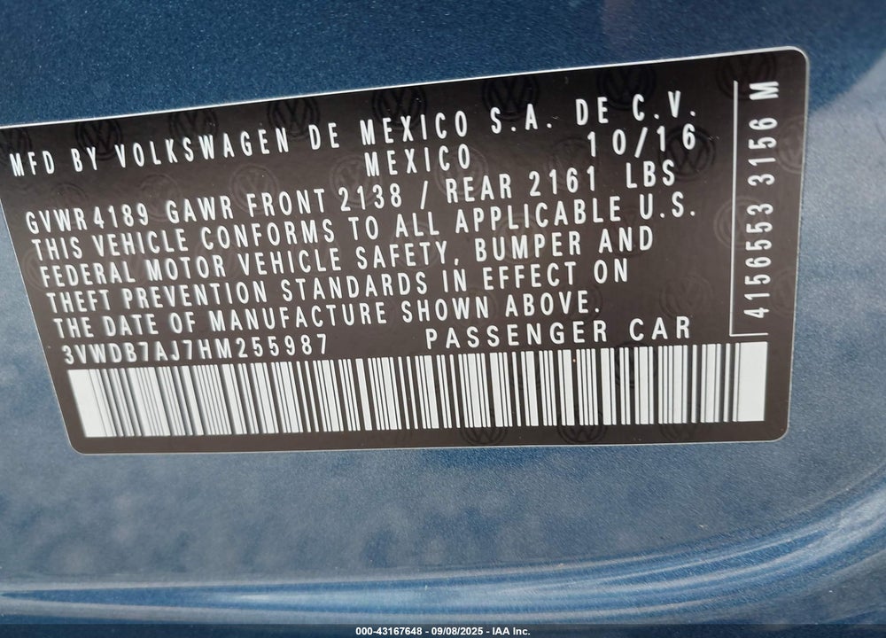 2017 VOLKSWAGEN JETTA VIN: 3VWDB7AJ7HM255987