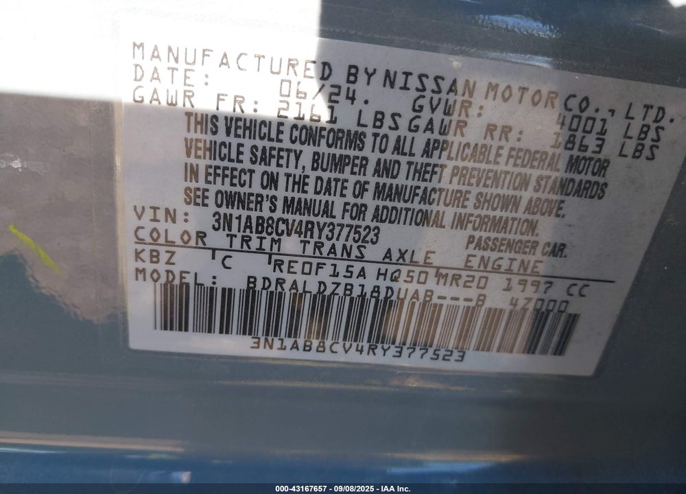2024 NISSAN SENTRA SV XTRONIC CVT VIN: 3N1AB8CV4RY377523