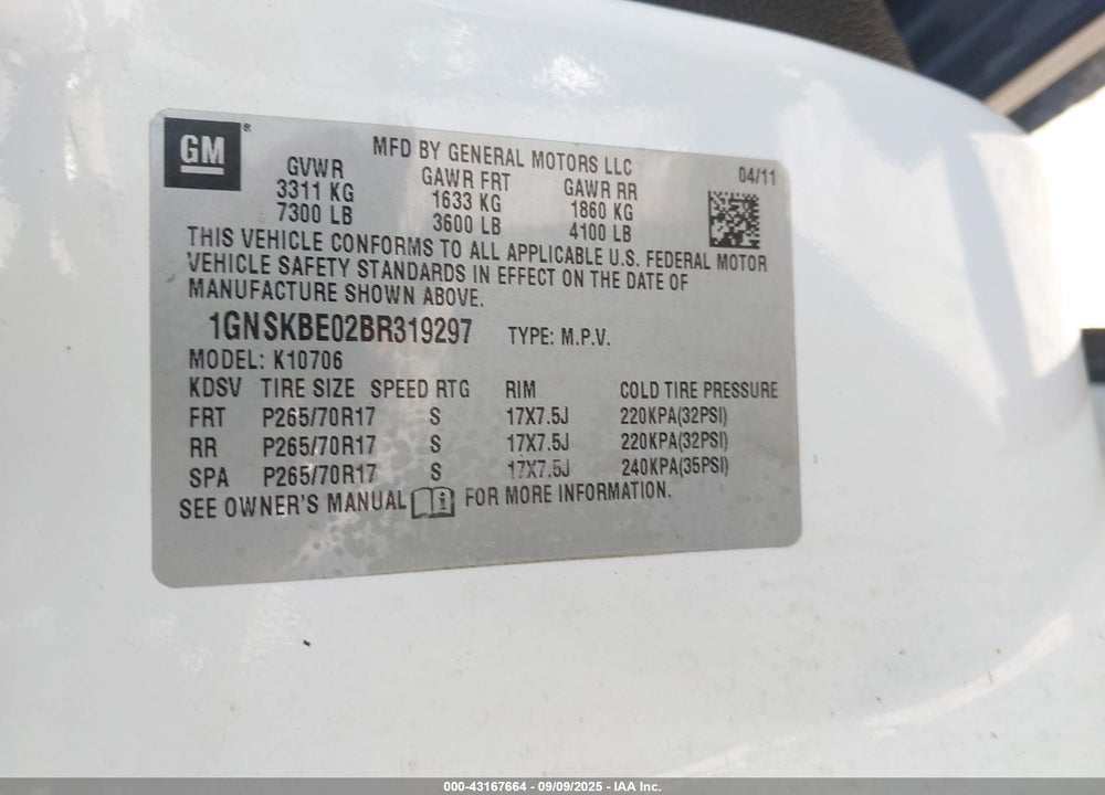 2011 CHEVROLET TAHOE VIN: 1GNSKBE02BR319297