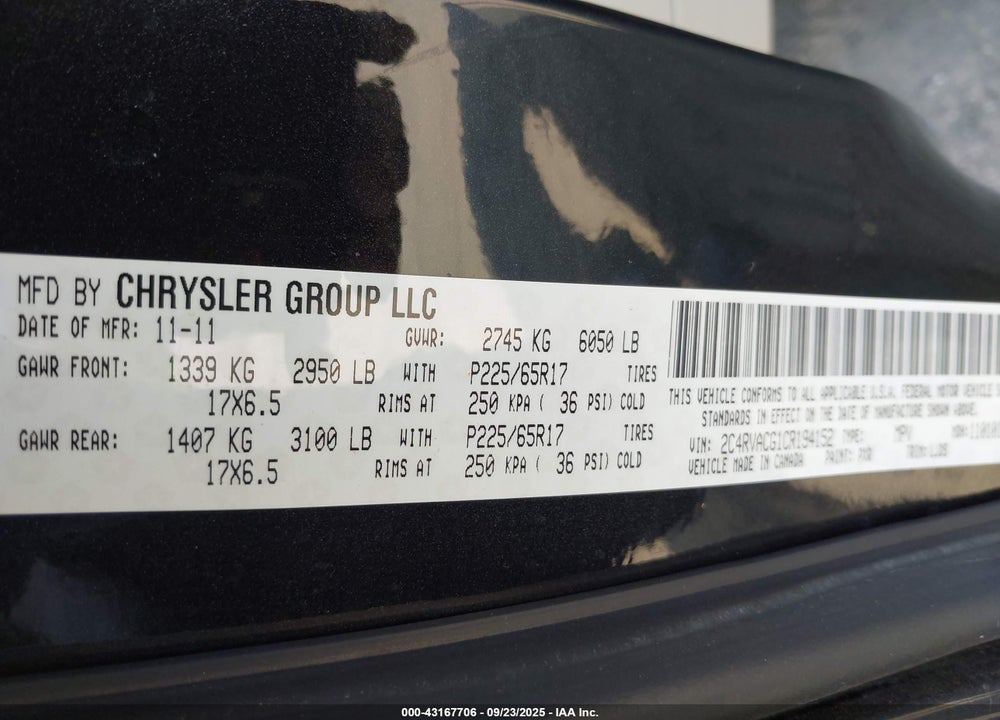 2012 VOLKSWAGEN ROUTAN VIN: 2C4RVACG1CR194152