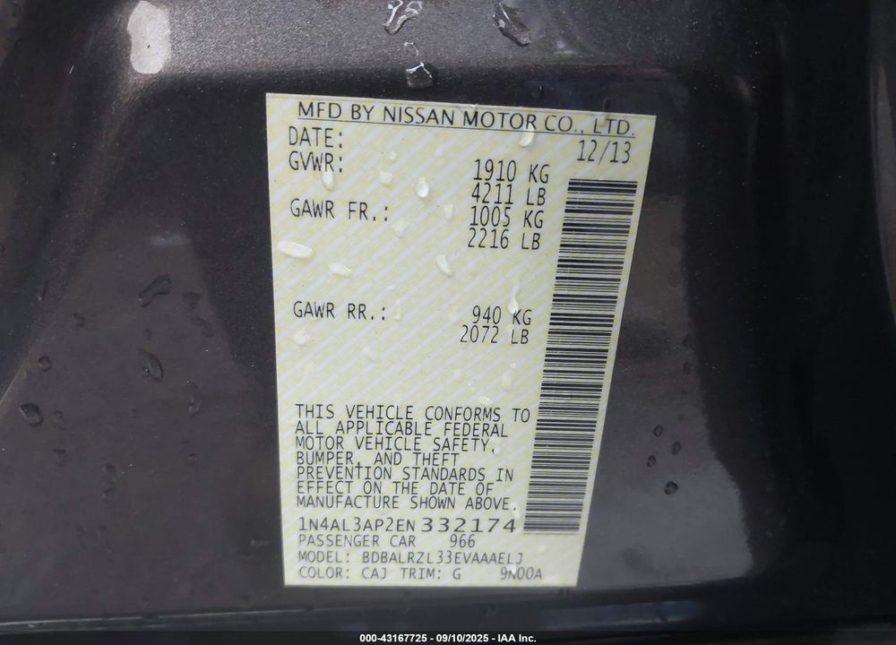 2014 NISSAN ALTIMA VIN: 1N4AL3AP2EN332174